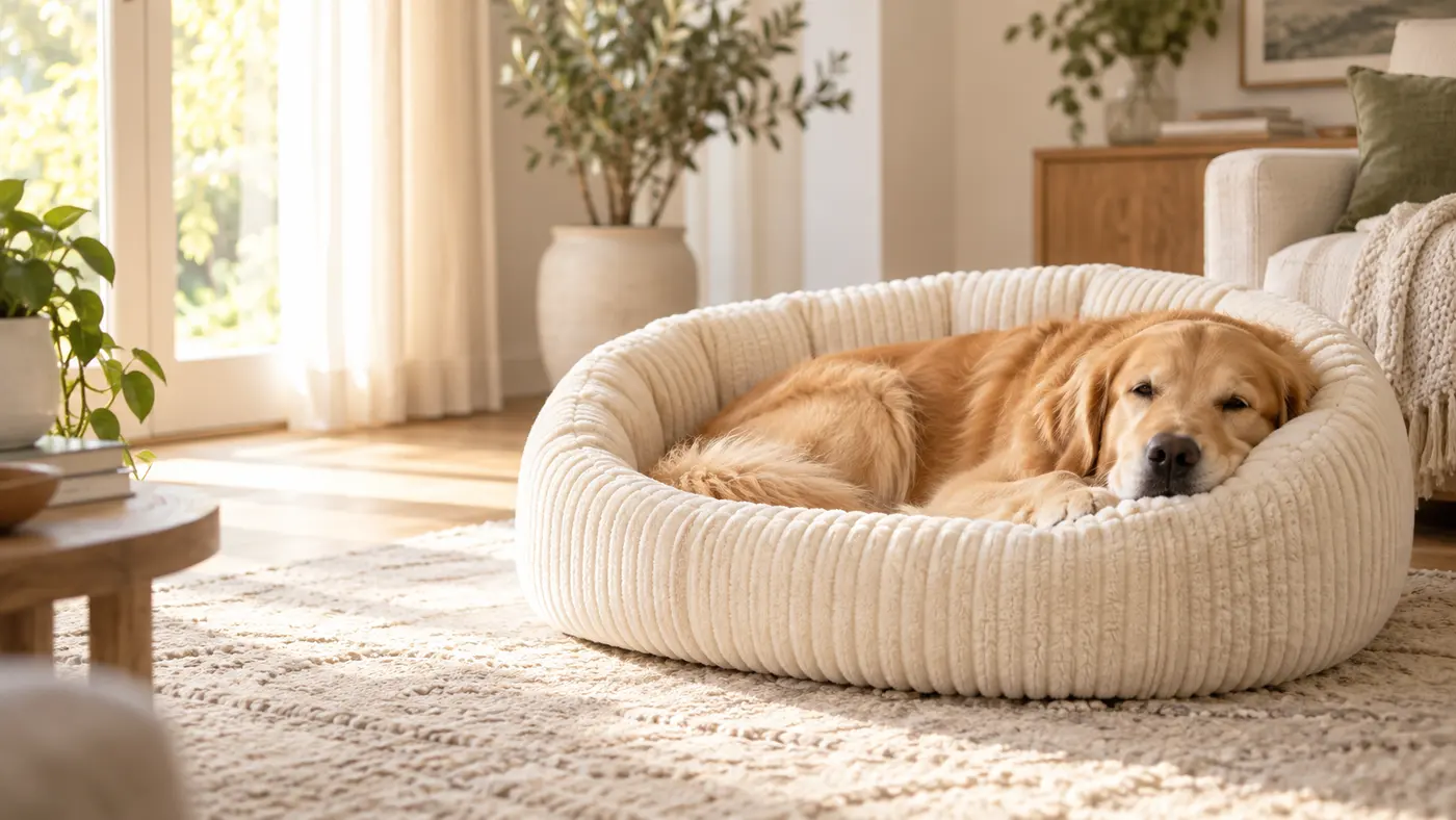 Golden retriever resting in a cream dog bed in a cozy home