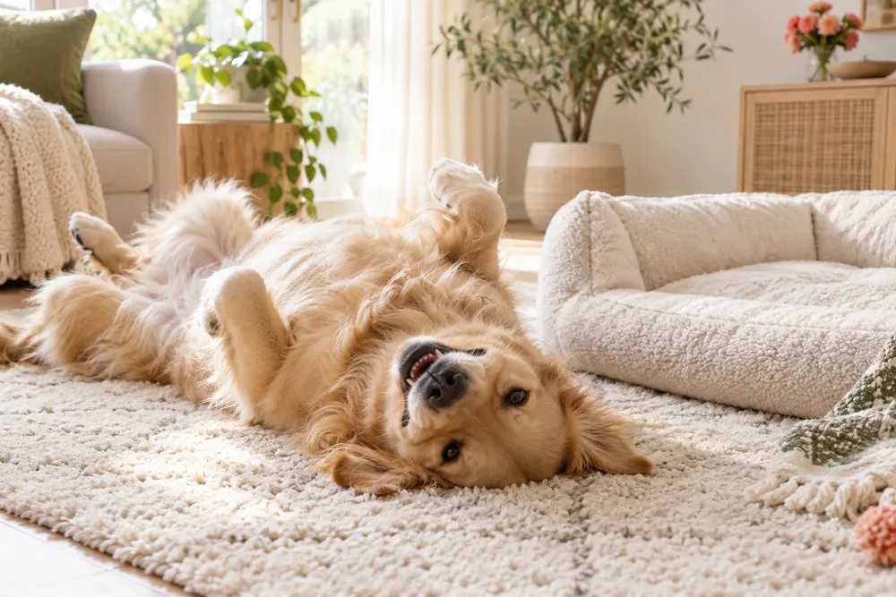 Happy golden retriever lying upside down beside a soft dog bed